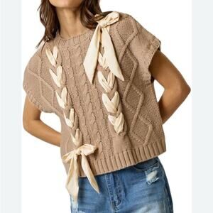 Tan Cable Knit Sweater with Cream Bows